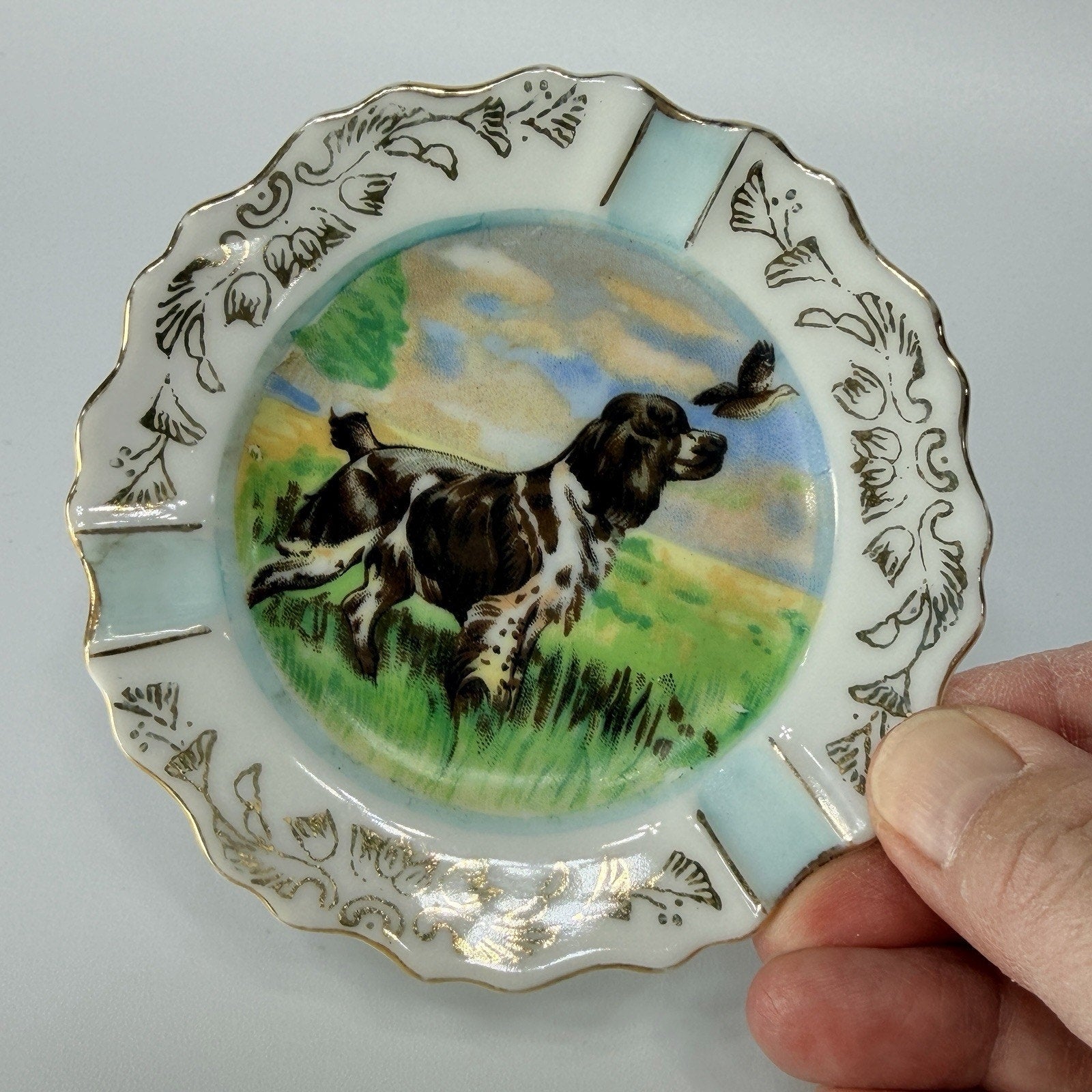 Porcelain English Setter Springer Spaniel Dog Porcelain Ashtray Plate 4" Hunting