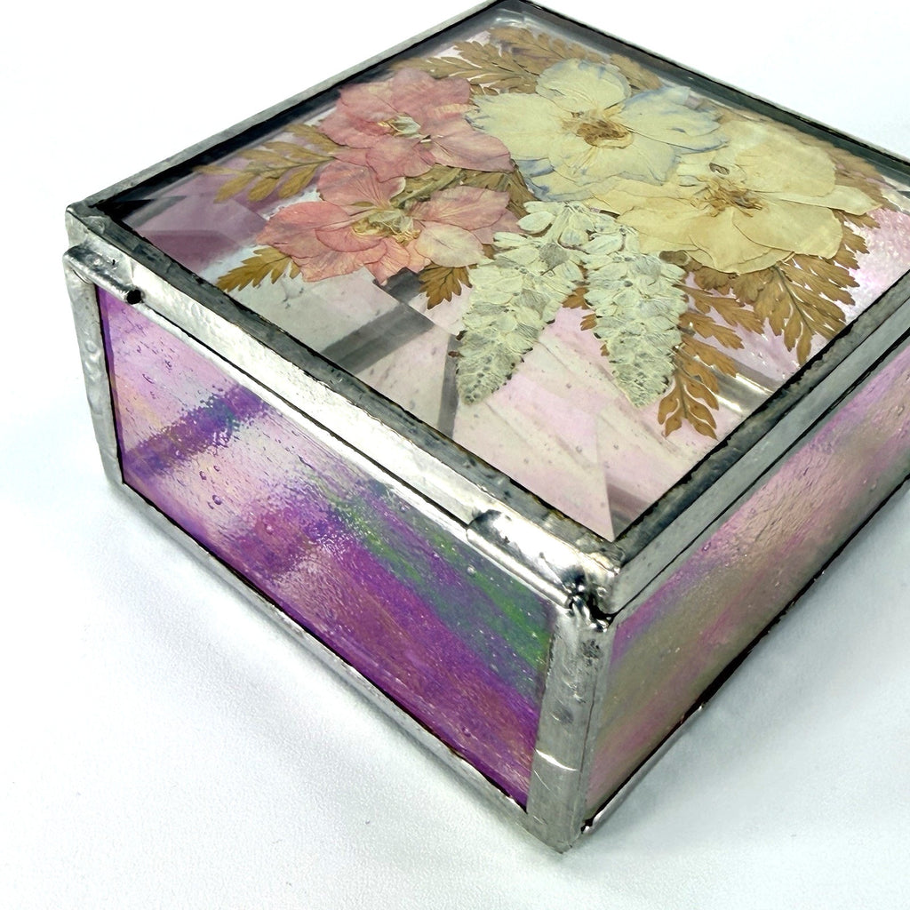Pink Pressed Flower Stained Bevel Glass Jewelry Trinket Box Mirrored 3.5"