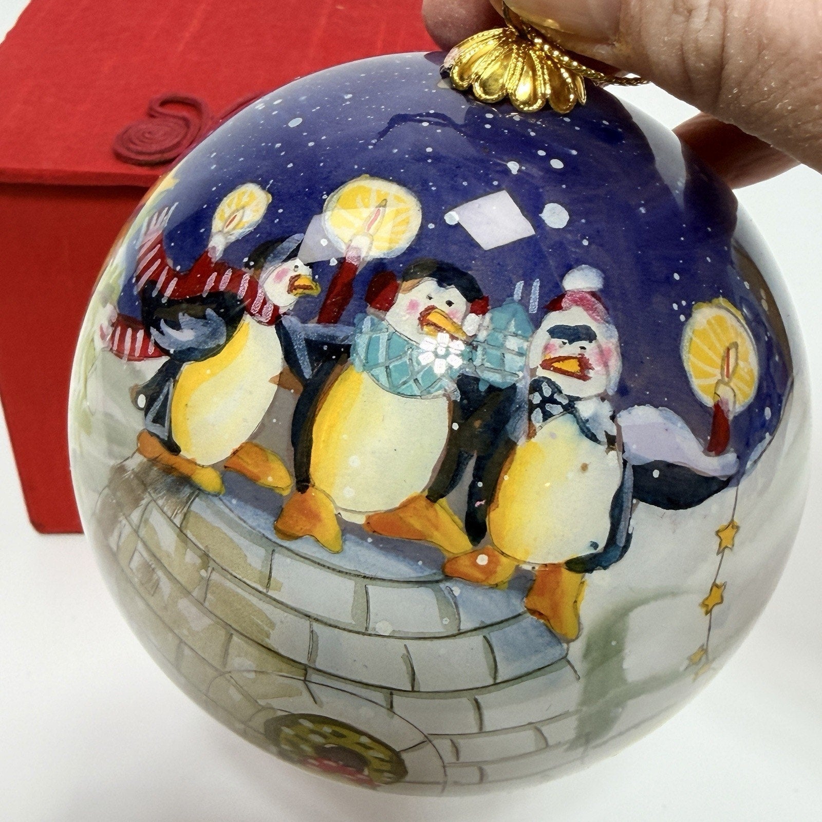 Pier 1 Li Bien Penguins Merry Bright Glass Christmas Ornament 4" Box 2010