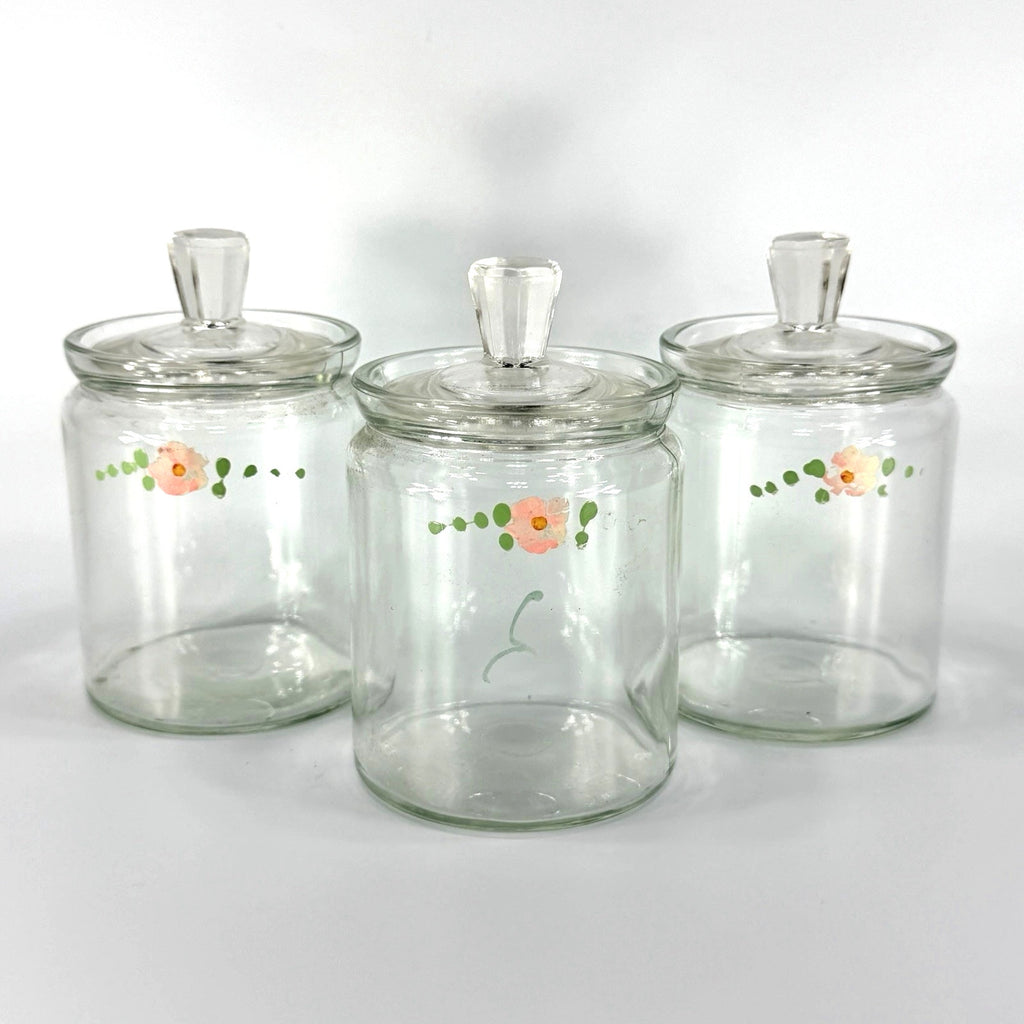 Set 3 Vintage Glass Apothecary Storage Jars 5" Painted Pink Flowers Cottage