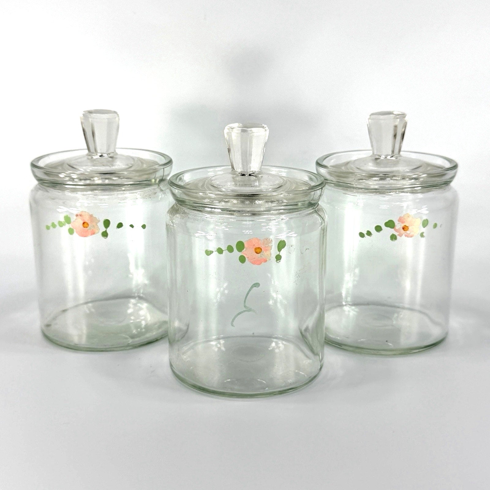 Set 3 Vintage Glass Apothecary Storage Jars 5" Painted Pink Flowers Cottage