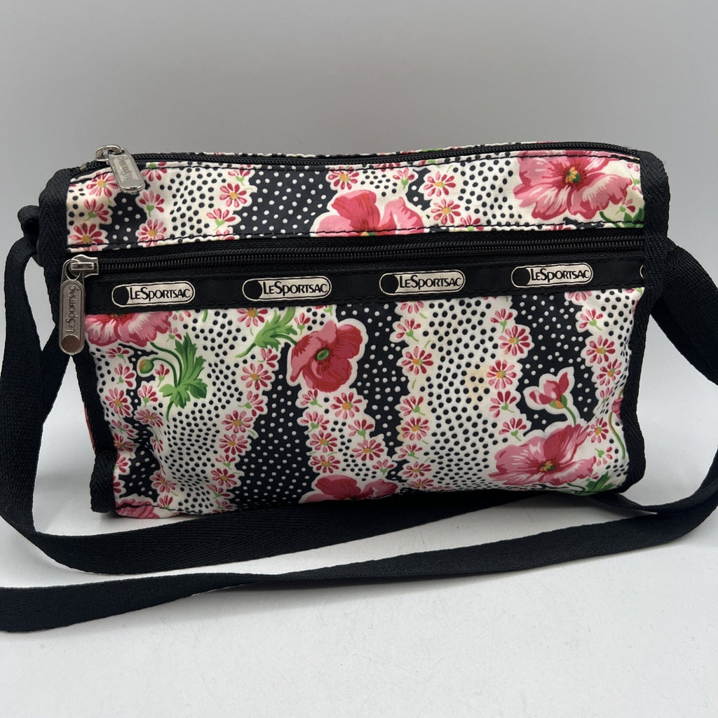 LeSportsac Pink Black Flowers Polka Dot Crossbody Purse 8.5" Nylon Travel USA