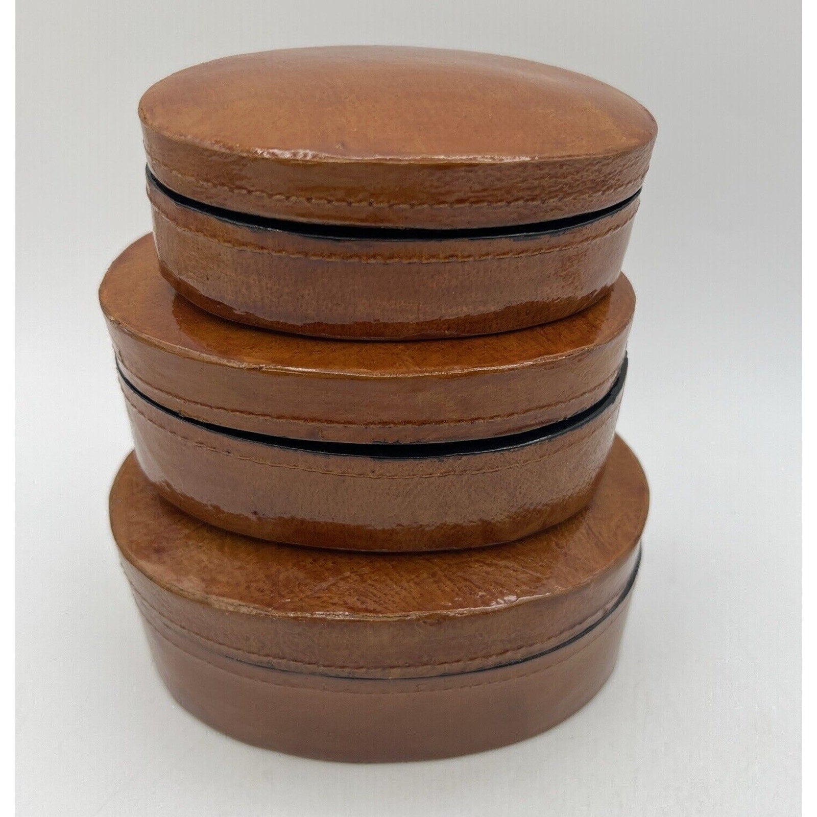 Set 3 Brown Oval Lacquer Nesting Trinket Boxes 5.25" Box Works Handmade