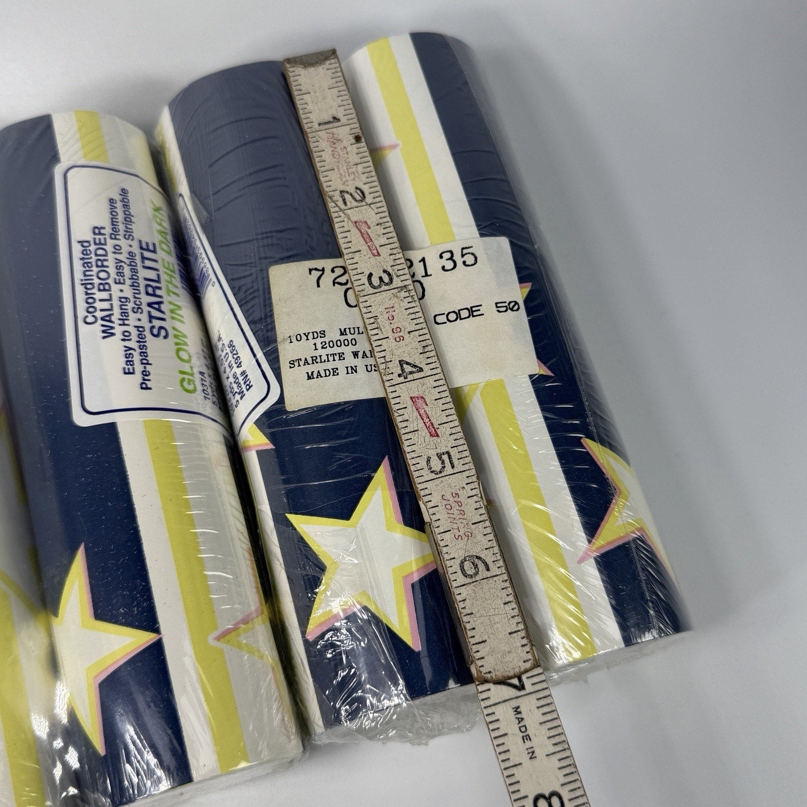 Lot 4 Rolls Vintage Starlite Glow in Dark Star Blue Stripe Wallpaper Border 20yd