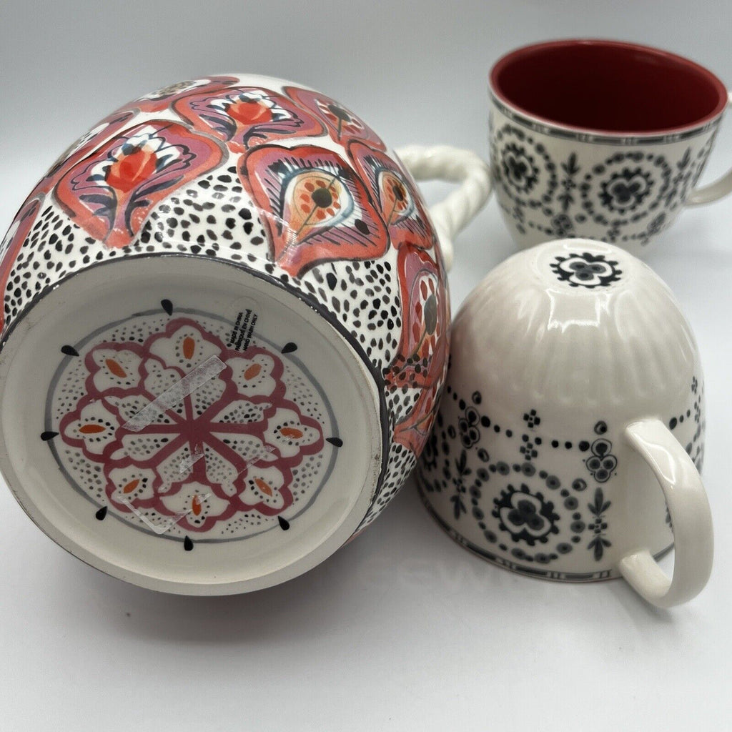 Anthropologie Revella Pitcher & Mugs Set Pink Blue Boho Feathers Ikat