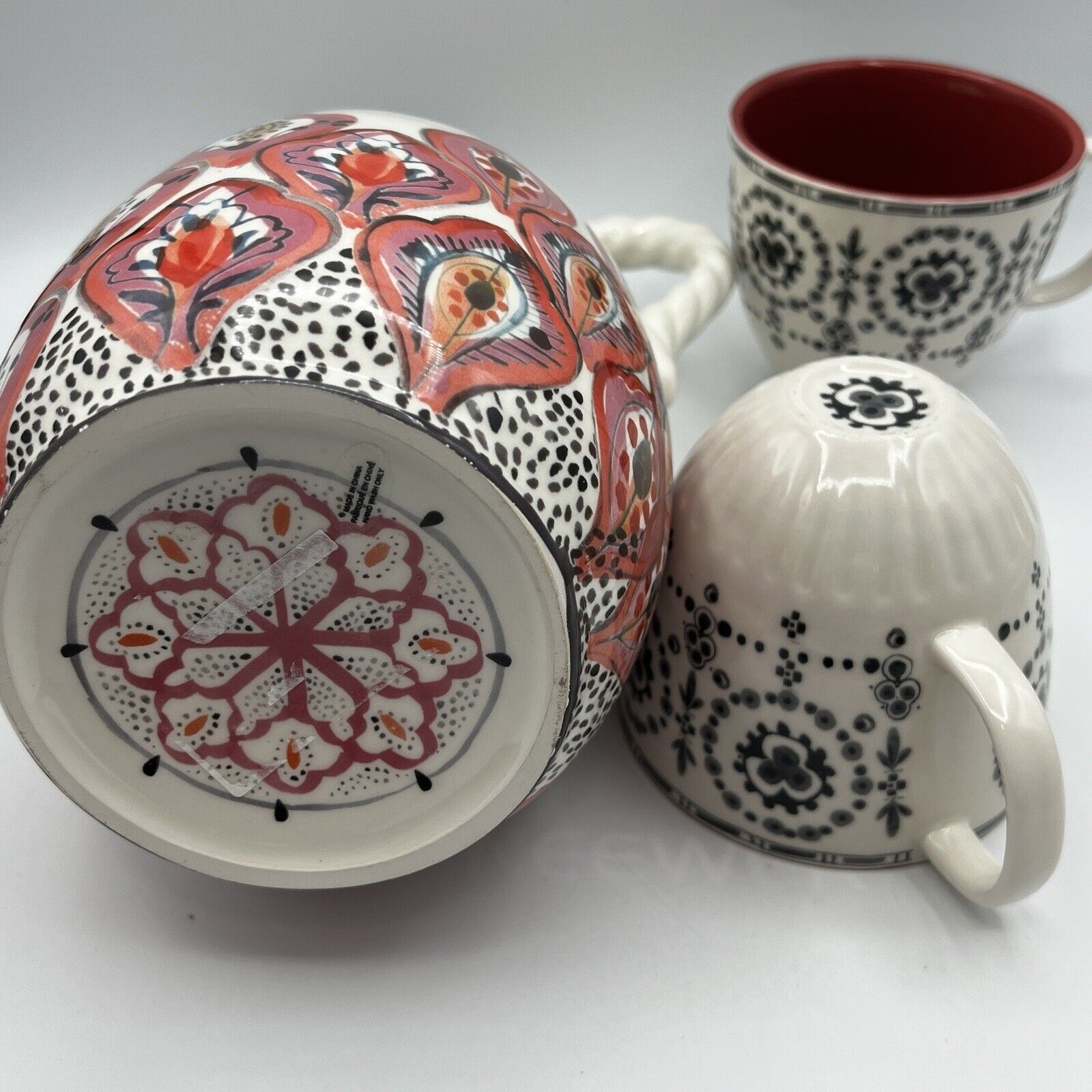 Anthropologie Revella Pitcher & Mugs Set Pink Blue Boho Feathers Ikat