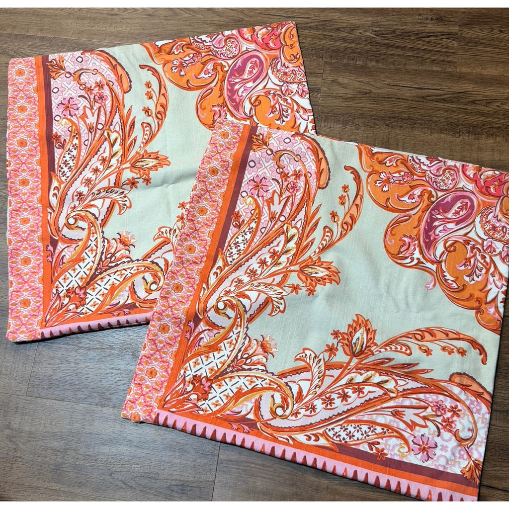 2 Pottery Barn Olympia Paisley Linen Square Pillow Cover 24" Pink Coral Boho