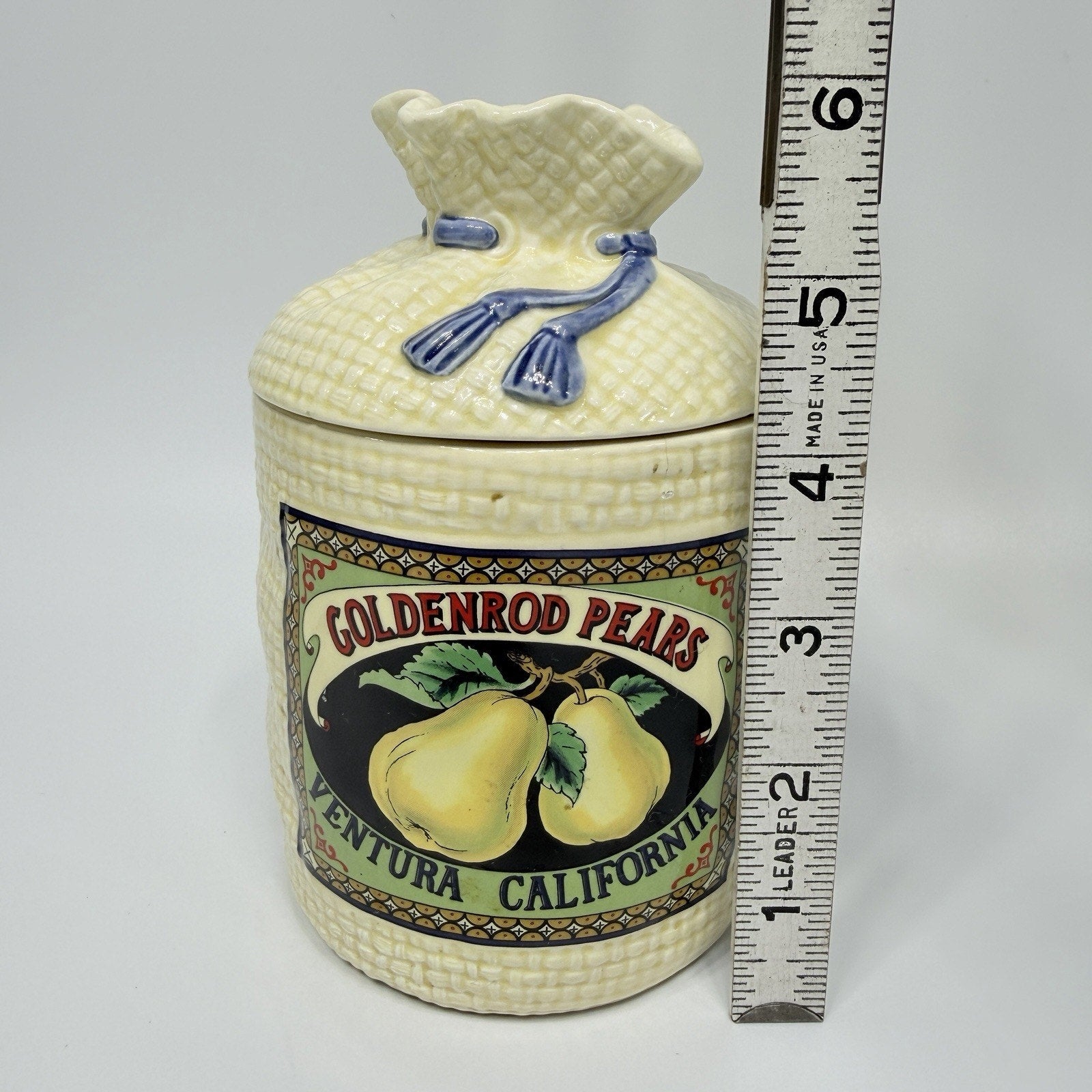 Vintage Hearth Home Goldenrod Pears Burlap Sack Kitchen Canister Jar 8" Ceramic