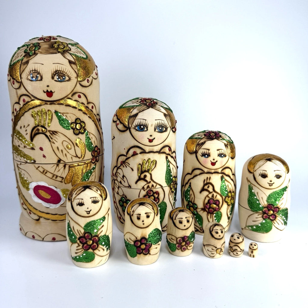 9 Pc Russian Nesting Doll Natural Wood Gold White Flowers Burned Painted 8.5"