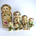9 Pc Russian Nesting Doll Natural Wood Gold White Flowers Burned Painted 8.5"