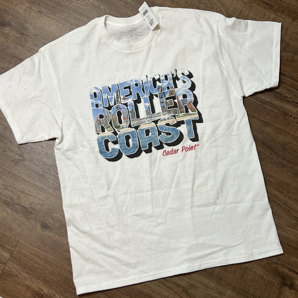 White Blue Vintage Postcard Cedar Point Roller Coast T-Shirt Large Cotton NEW