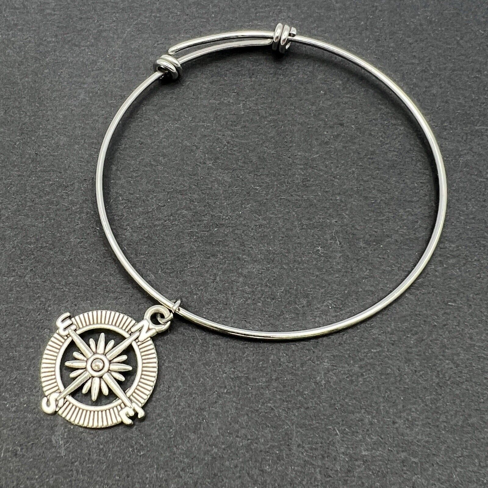 Silver Tone Bangle Bracelet Compass Direction Goals Travel Adjustable One Size