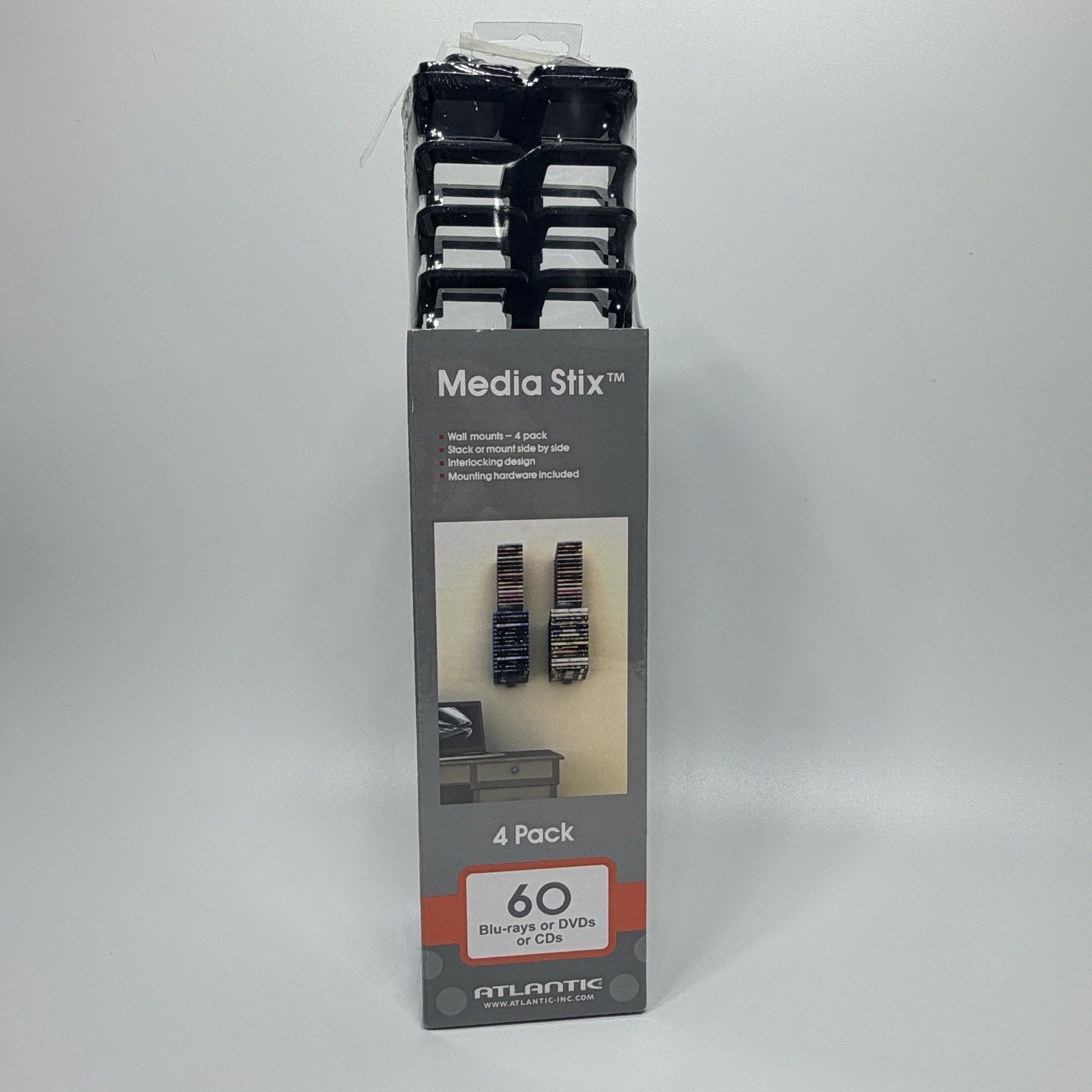 Atlantic Media Stix 60 Capacity CD DVD Storage Rack Wall Mount Organizer 4 Pack