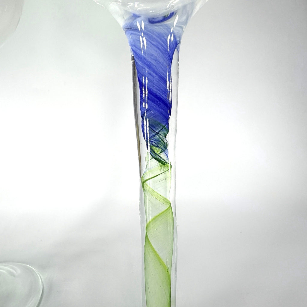 Set 2 Chris Baker Salmon Art Glass Wine Glass Pink Blue Swirl Signed 8.5"