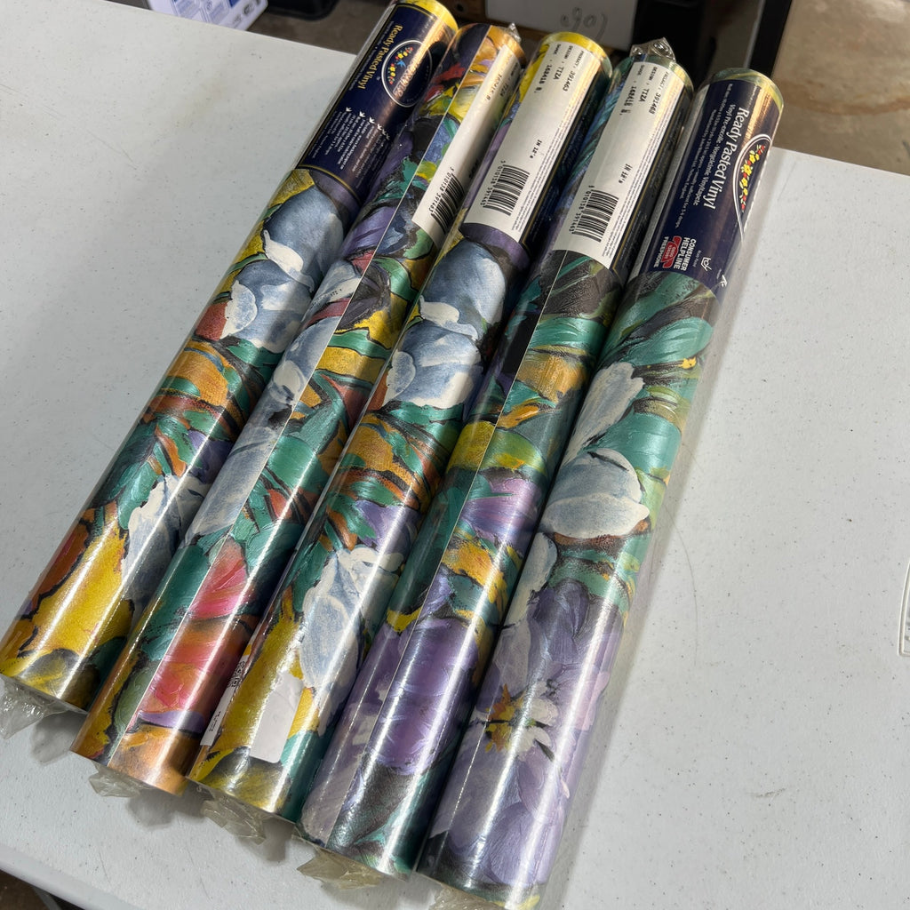 5 Rolls Coloroll Pasted Wallpaper Purple Yellow Green Retro Floral Textured TIZA