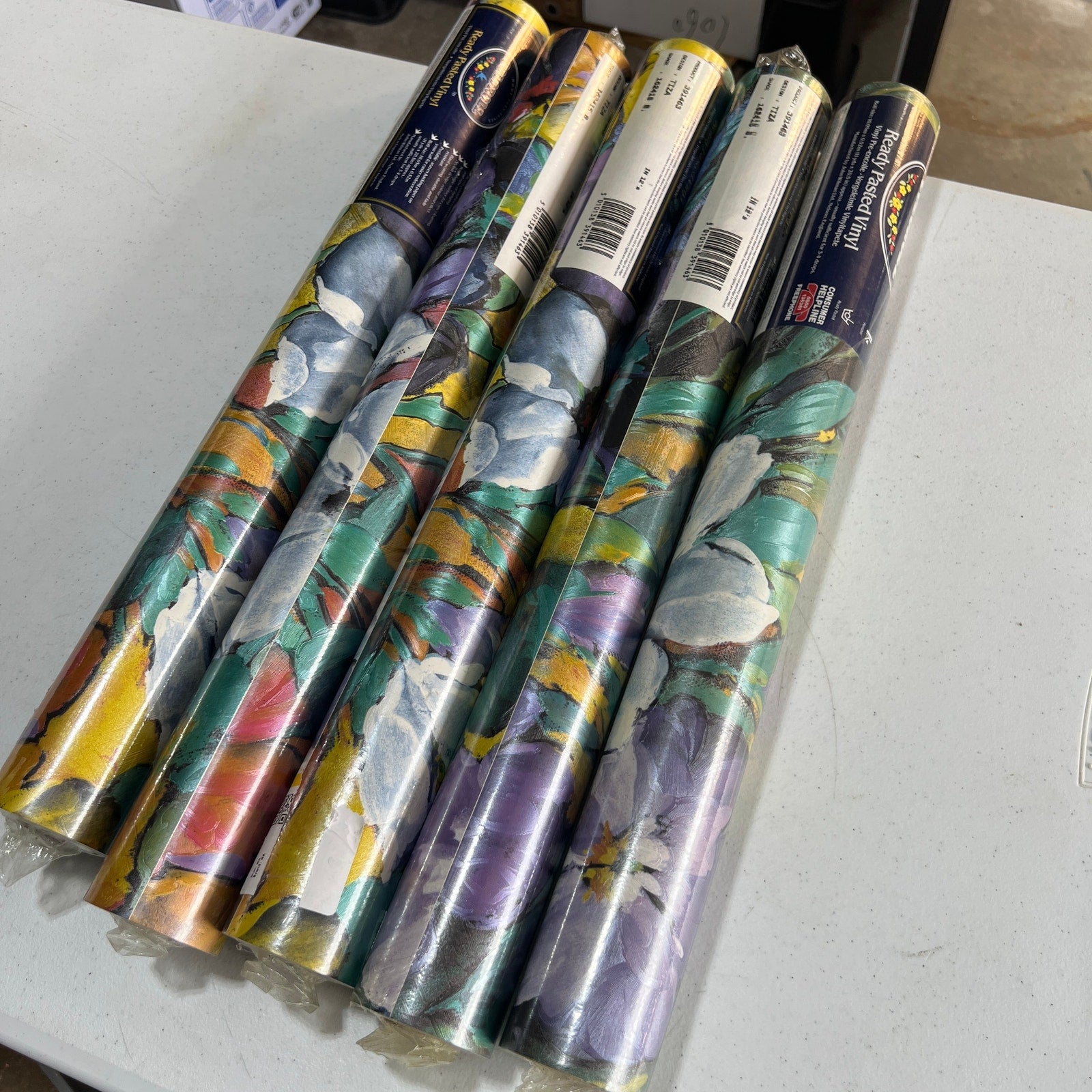 5 Rolls Coloroll Pasted Wallpaper Purple Yellow Green Retro Floral Textured TIZA