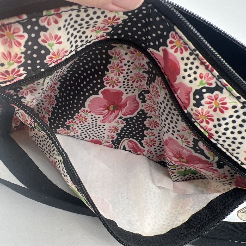 LeSportsac Pink Black Flowers Polka Dot Crossbody Purse 8.5" Nylon Travel USA