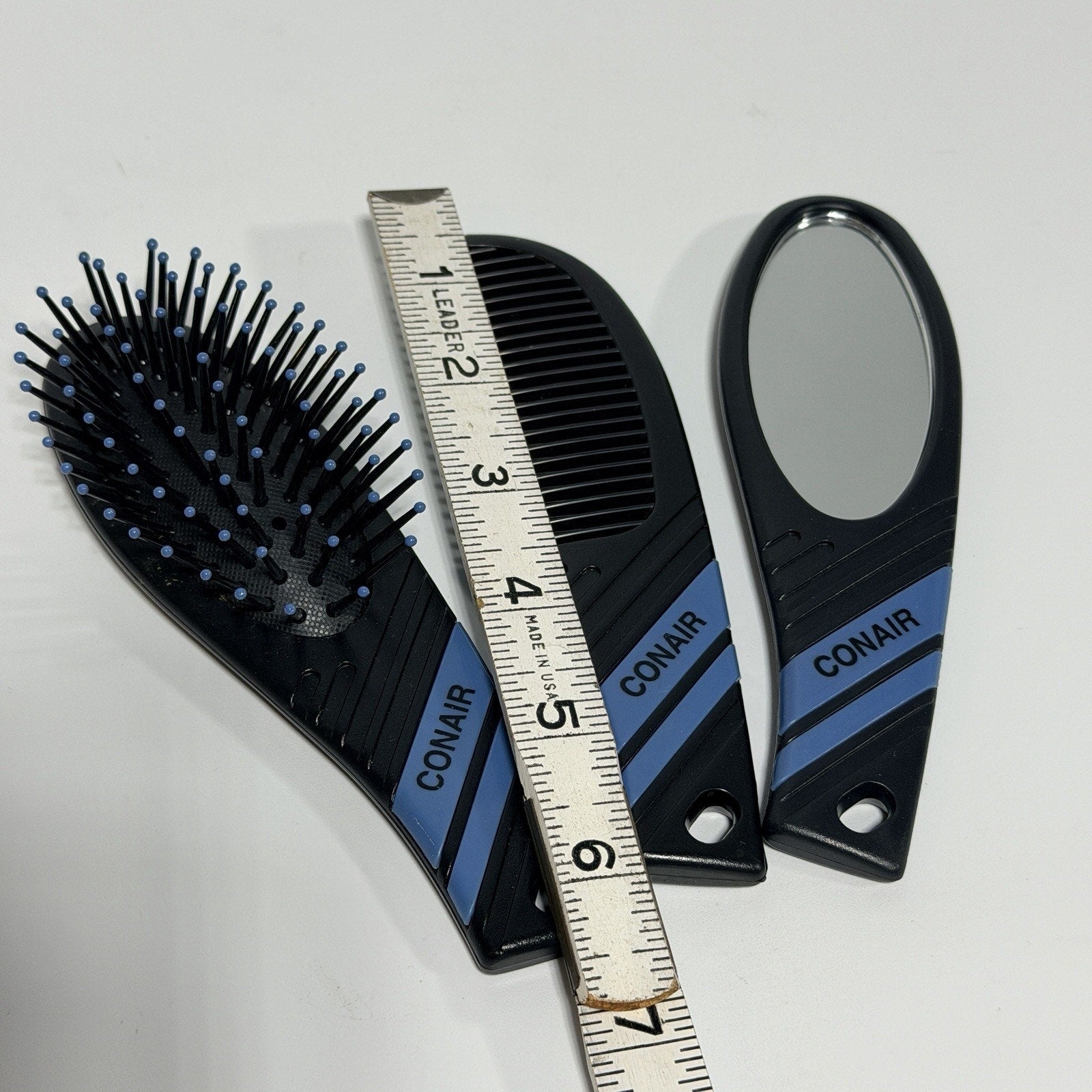 3 Pc Vtg CONAIR Quality Hair Brush Comb Travel Set Black Blue Stripe