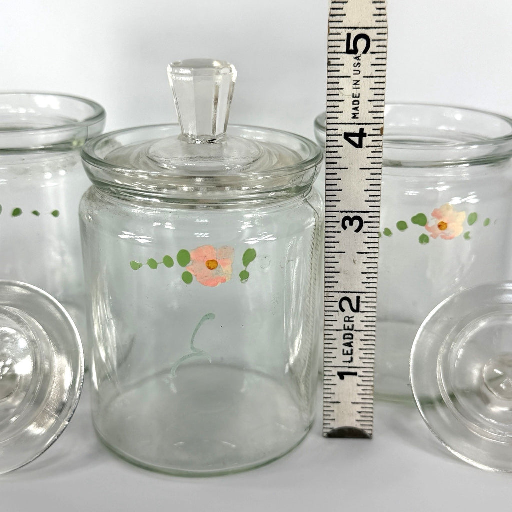 Set 3 Vintage Glass Apothecary Storage Jars 5" Painted Pink Flowers Cottage