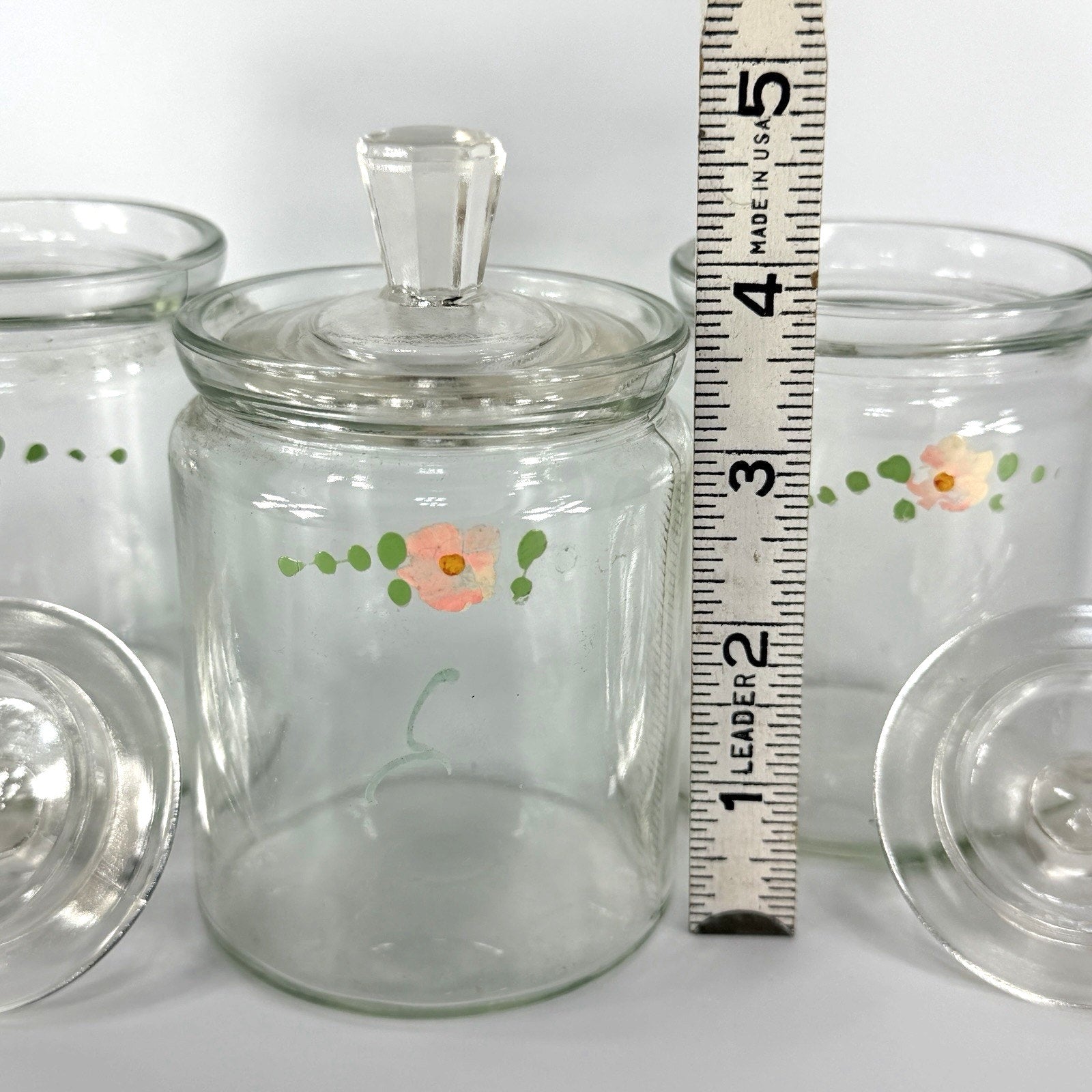 Set 3 Vintage Glass Apothecary Storage Jars 5" Painted Pink Flowers Cottage
