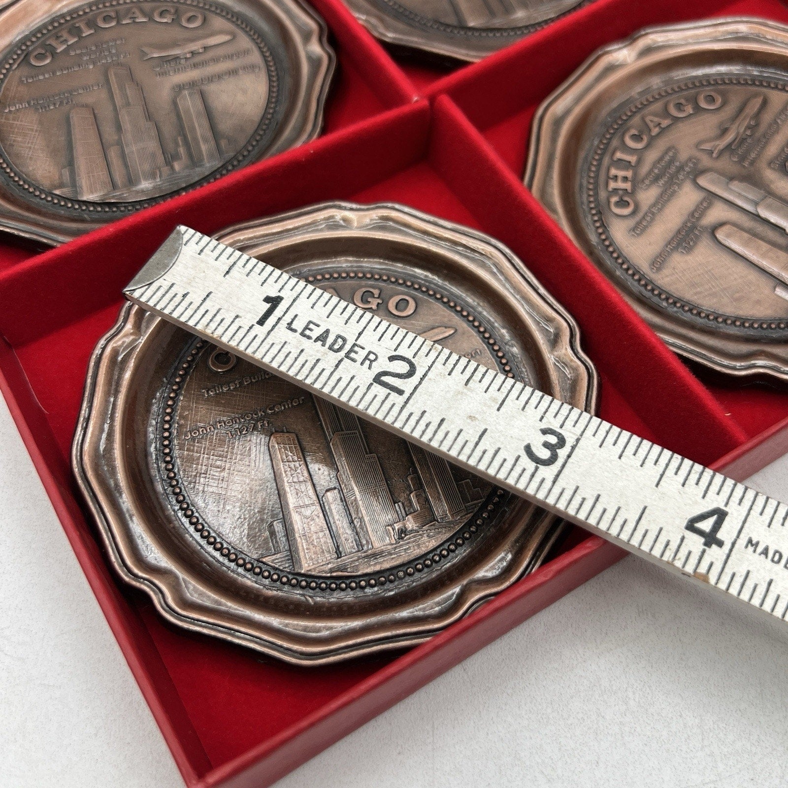 Set 4 Vintage Metal Chicago Souvenir Drink Coasters Bronze Barware O'Hare Sears