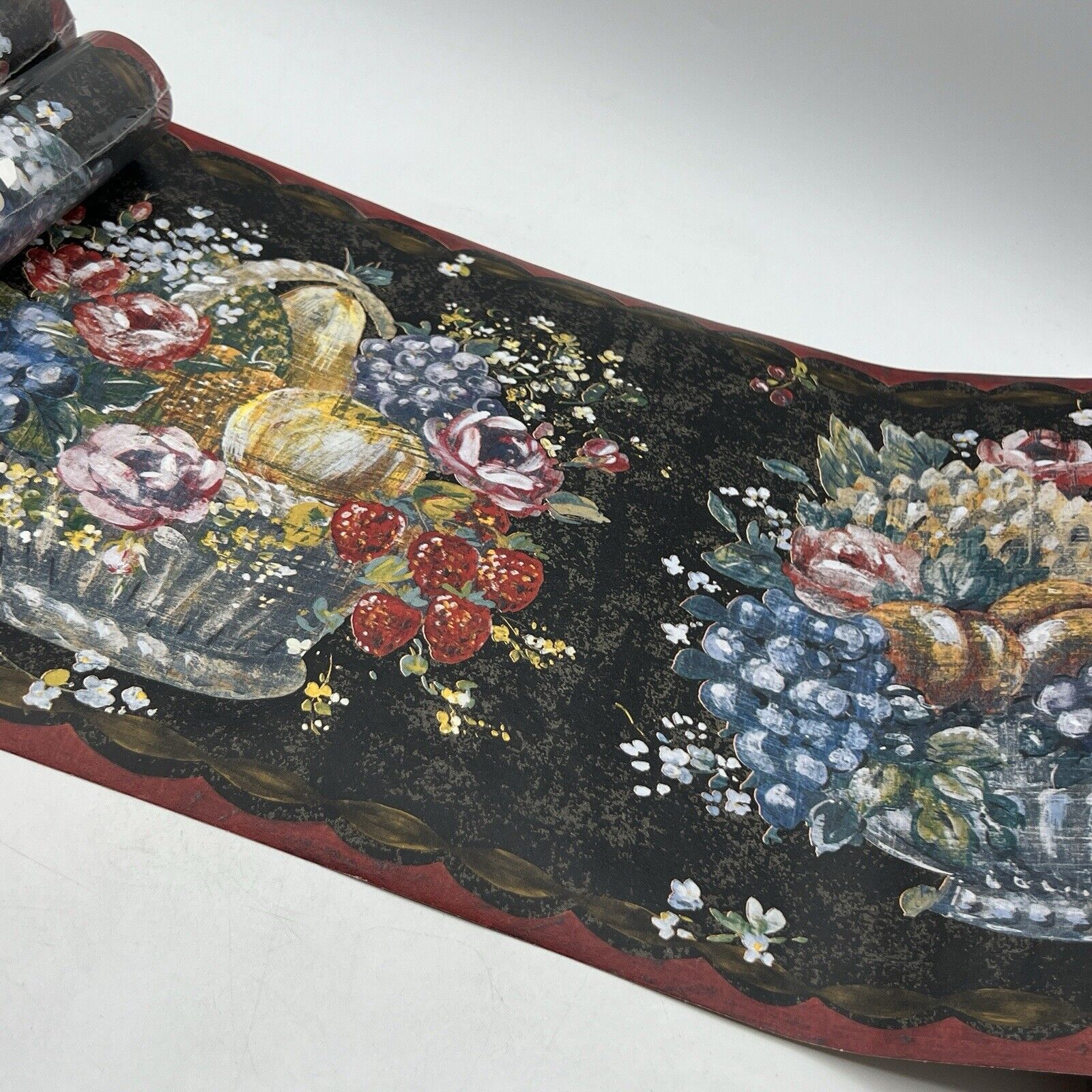4 Roll Brewster Victorian Fruit Basket Wallpaper Border Black Red Pre-Pasted