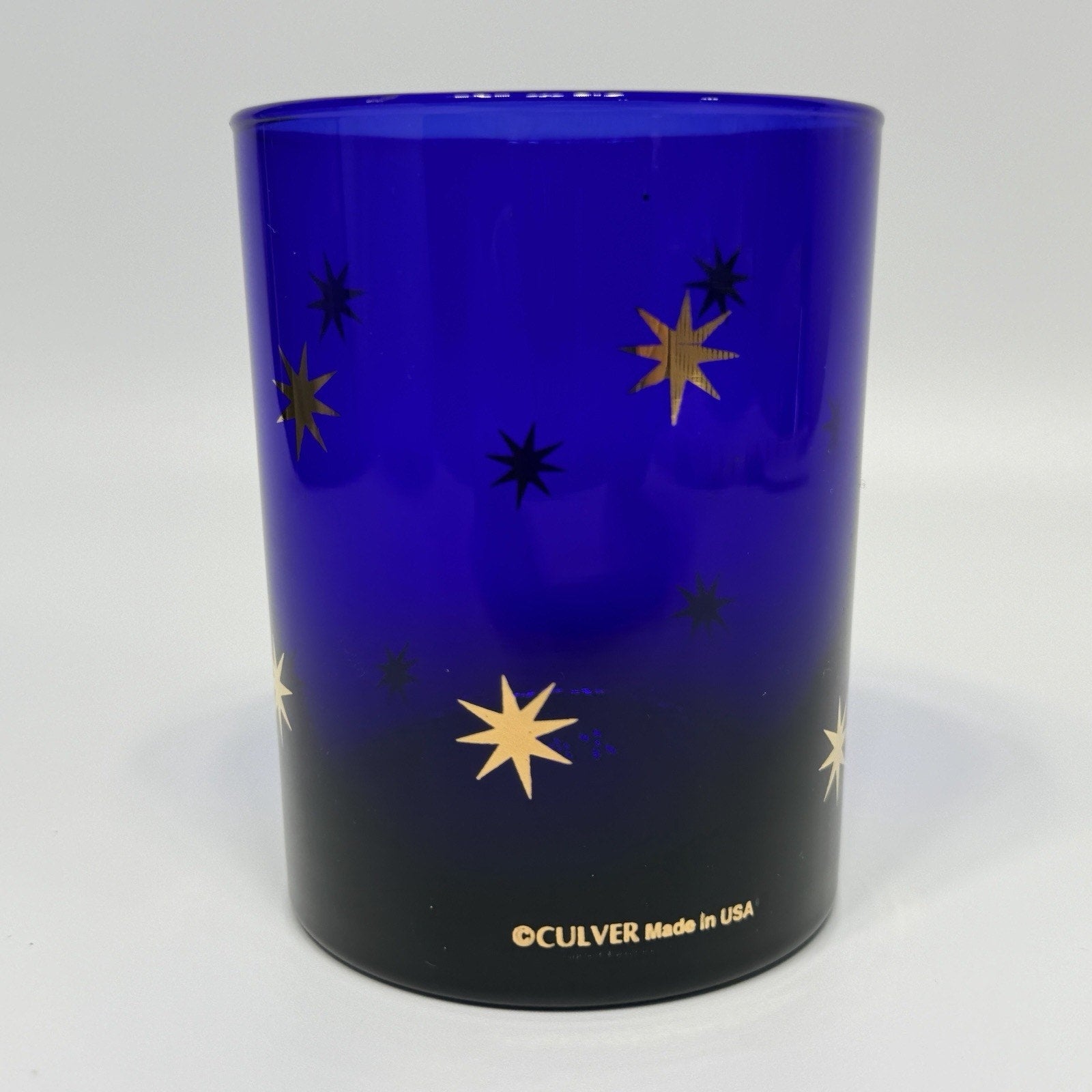 Culver Celestial Atomic Stars Tumbler Rocks Glass Cobalt Blue 22K Gold 4.25"