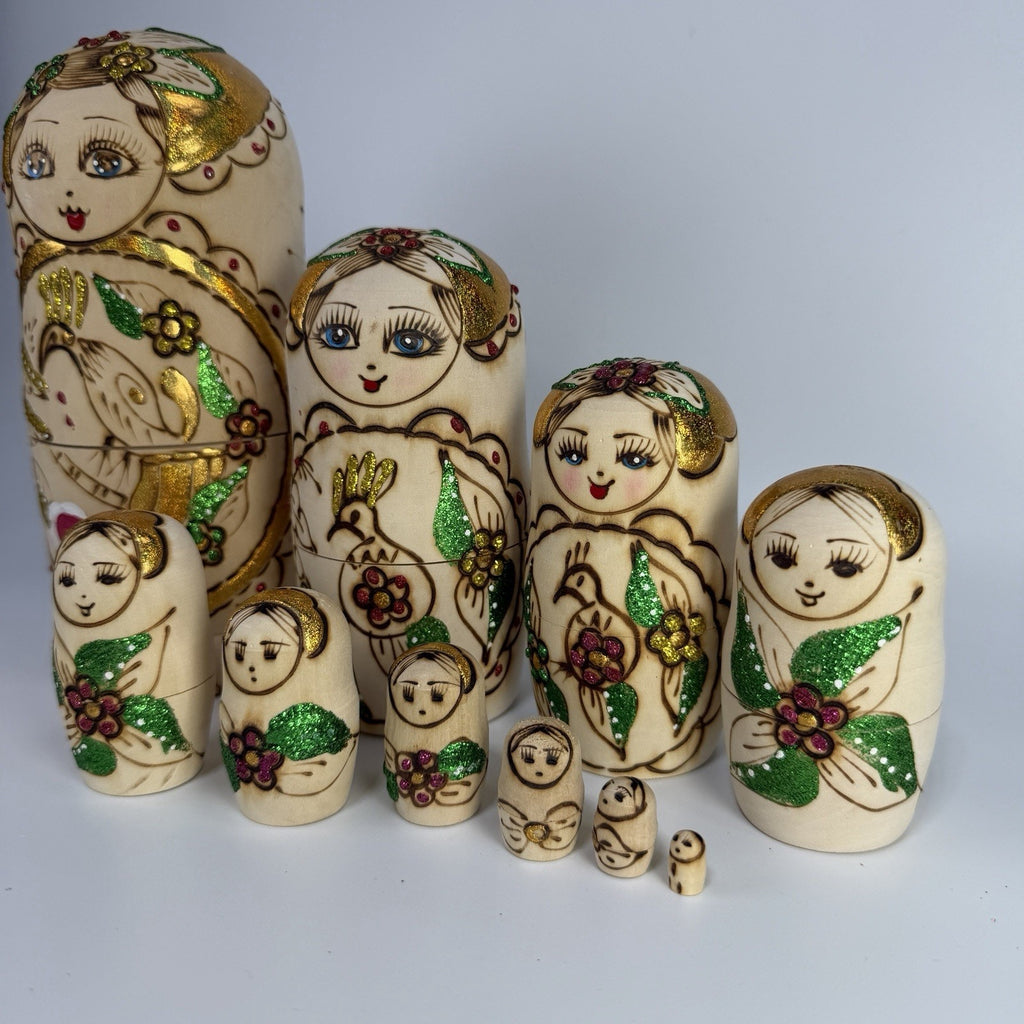 9 Pc Russian Nesting Doll Natural Wood Gold White Flowers Burned Painted 8.5"