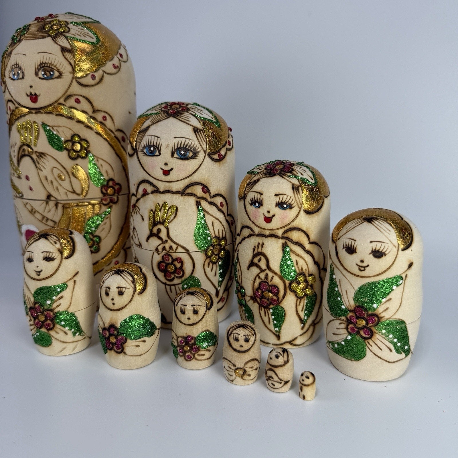 9 Pc Russian Nesting Doll Natural Wood Gold White Flowers Burned Painted 8.5"