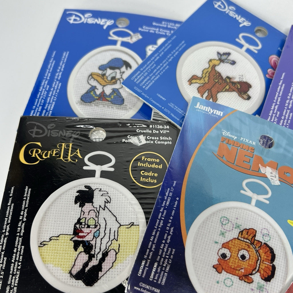 Lot 7 Janlyn Disney Mini Cross Stitch Ornament Kits Frames Nemo McQueen Cruella