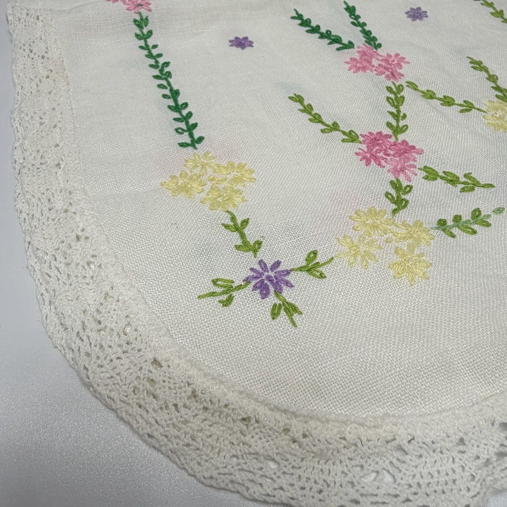 Vintage Dresser Scarf Table Runner Pink Green Embroidered Flowers Lace 14x42"
