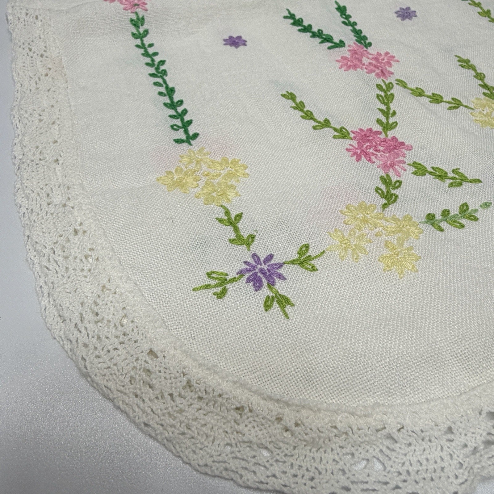 Vintage Dresser Scarf Table Runner Pink Green Embroidered Flowers Lace 14x42"