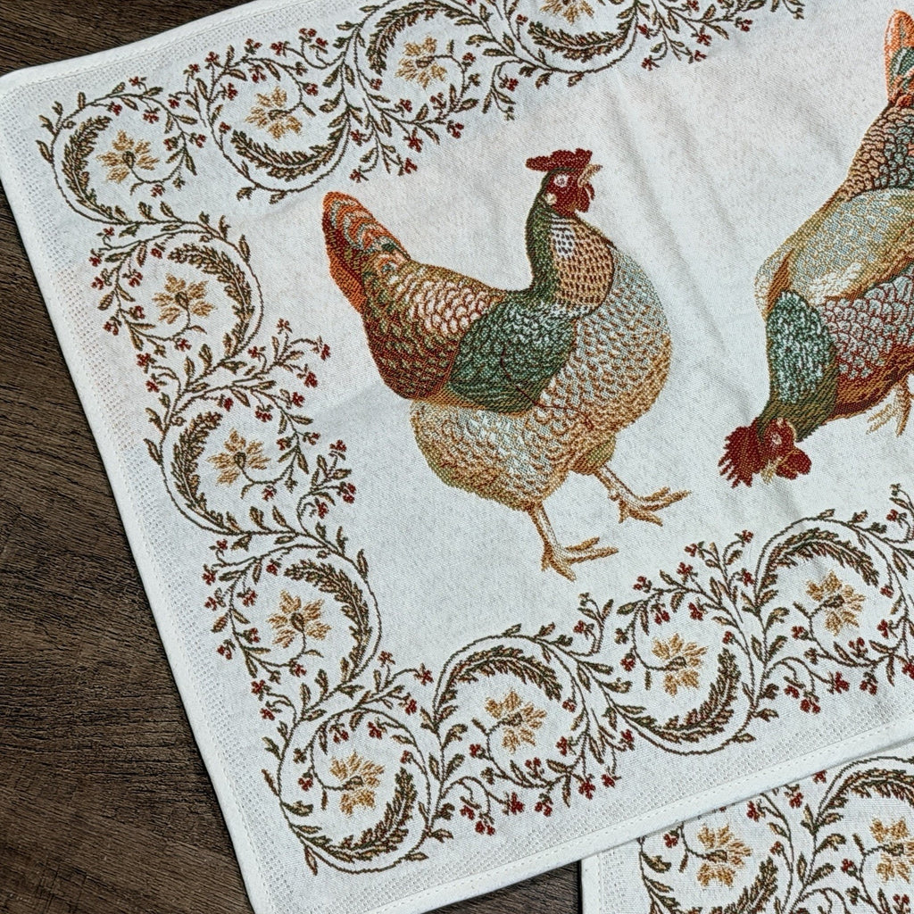 Set 4 Tissus Toselli Woven Placemats Chickens Rooster Fall Red Green France
