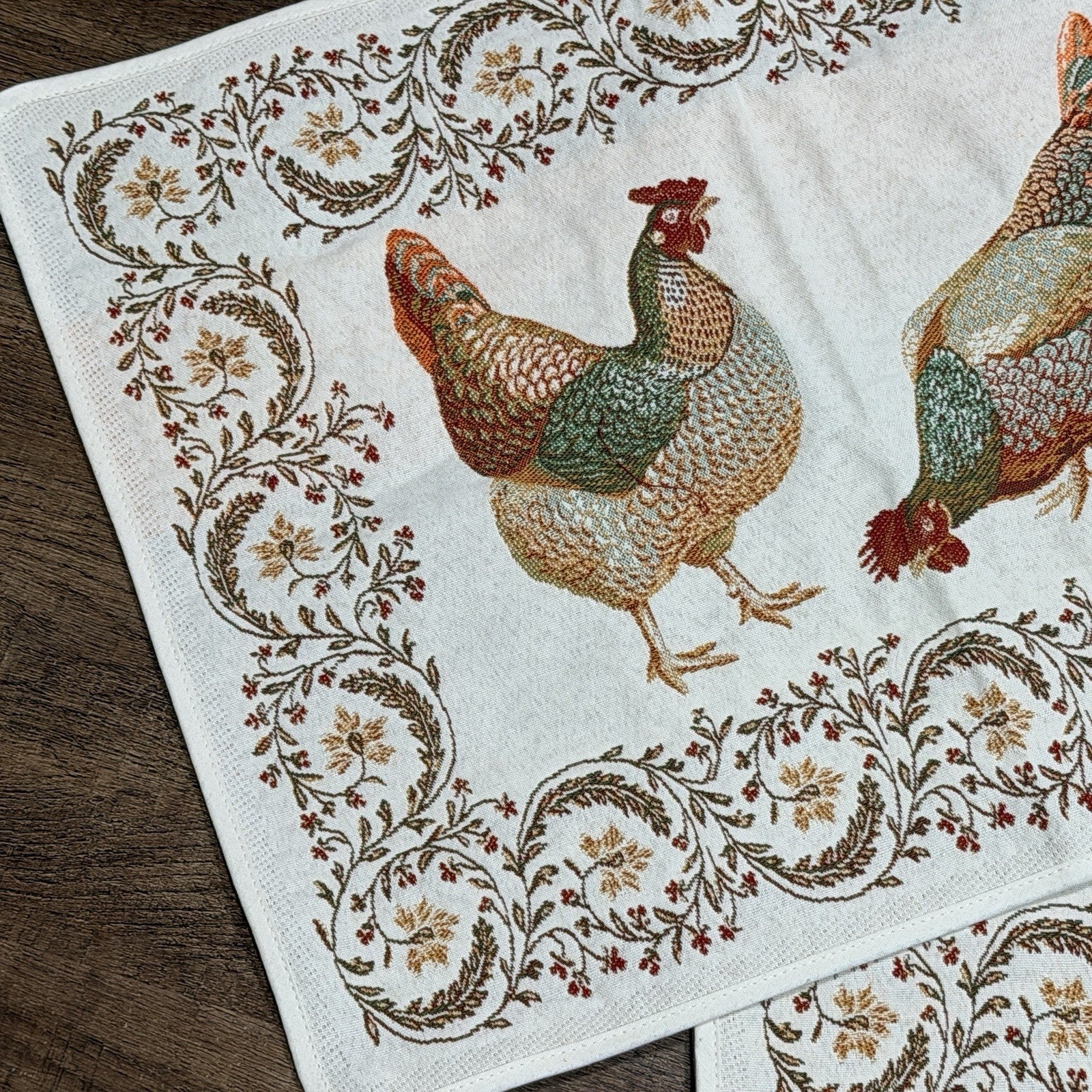 Set 4 Tissus Toselli Woven Placemats Chickens Rooster Fall Red Green France