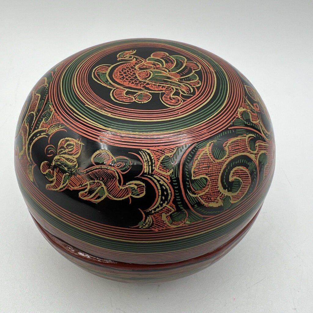 3 Vtg Round Burmese Laquer Nesting Boxes Black Red Green Firebird Hand Painted