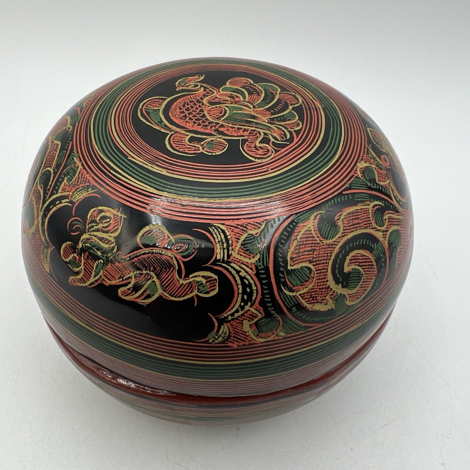 3 Vtg Round Burmese Laquer Nesting Boxes Black Red Green Firebird Hand Painted