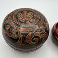 3 Vtg Round Burmese Laquer Nesting Boxes Black Red Green Firebird Hand Painted