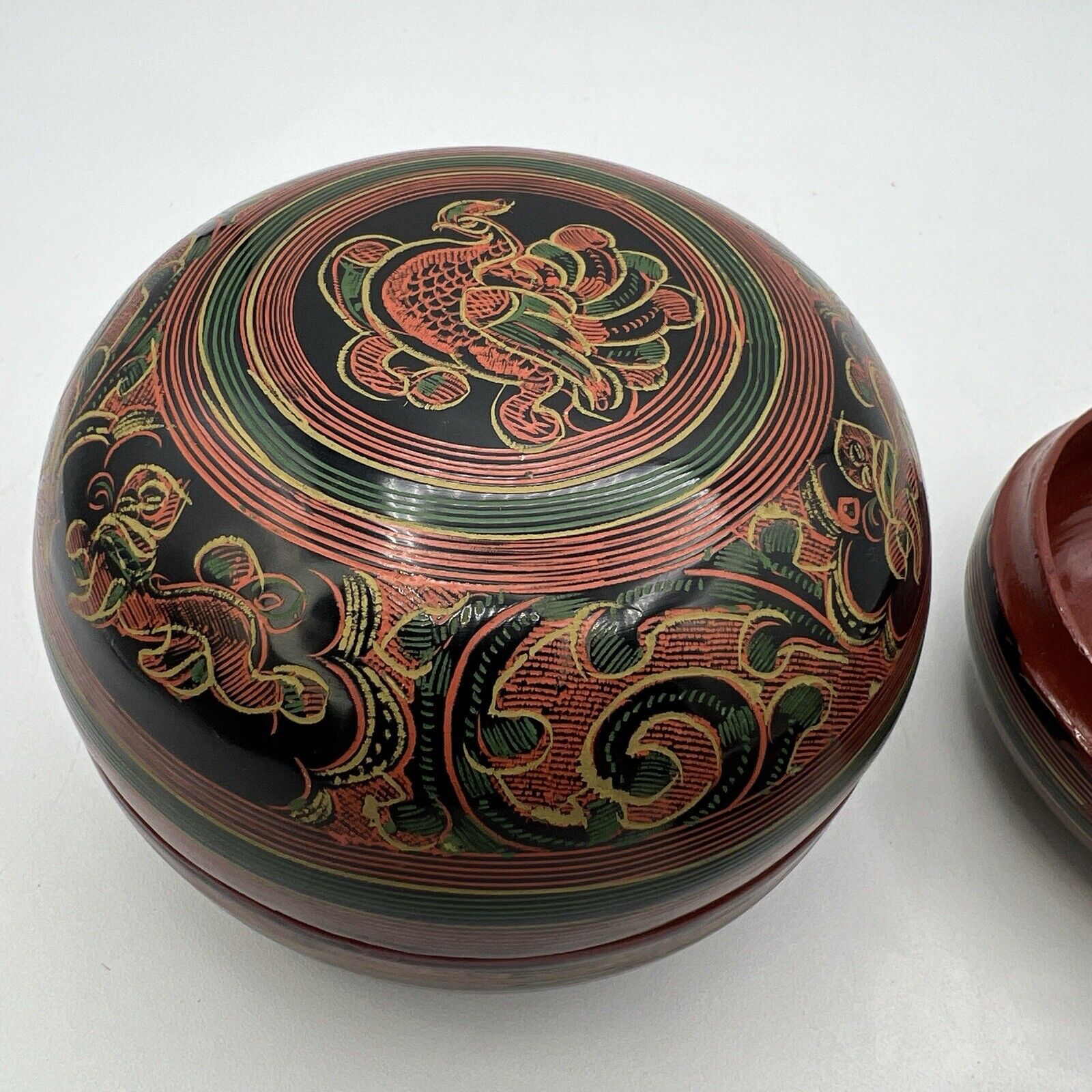3 Vtg Round Burmese Laquer Nesting Boxes Black Red Green Firebird Hand Painted