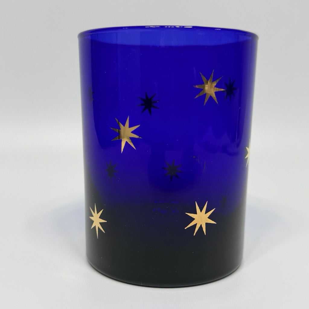 Culver Celestial Atomic Stars Tumbler Rocks Glass Cobalt Blue 22K Gold 4.25"