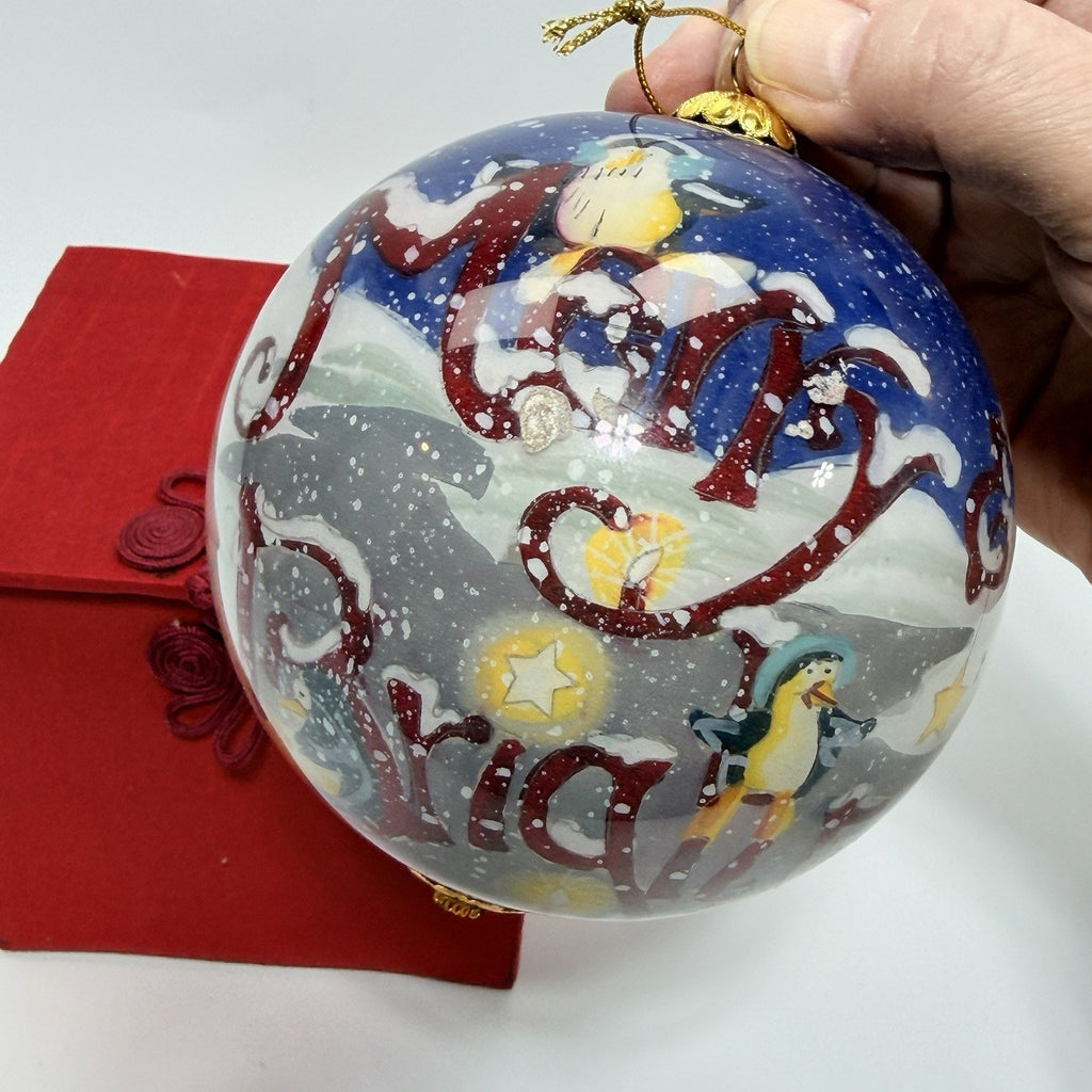 Pier 1 Li Bien Penguins Merry Bright Glass Christmas Ornament 4" Box 2010