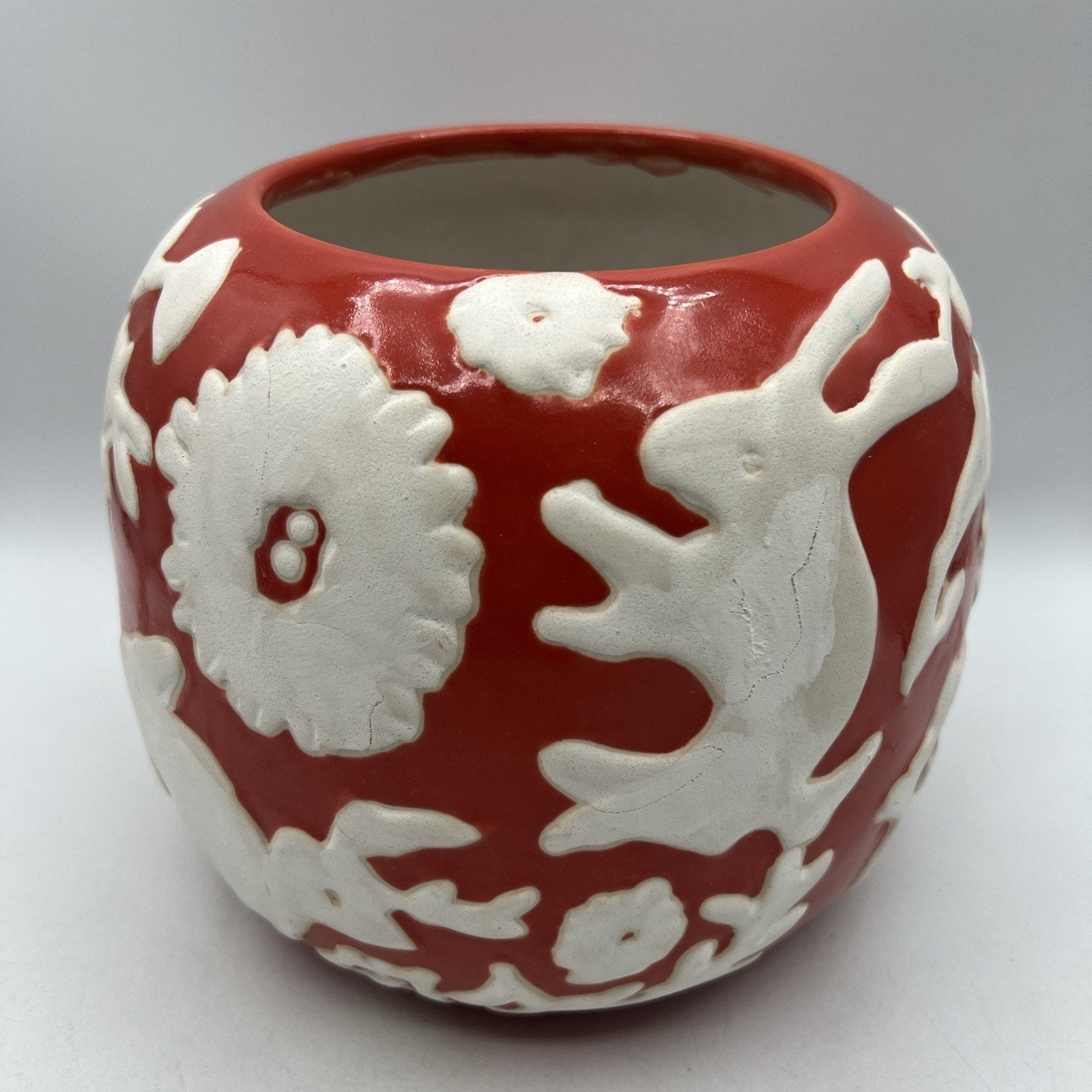 Anthropologie Concha Garden Planter Red Orange White Animals Boho Pottery 8"