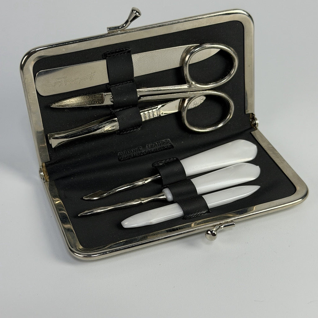 7 Pc Small Vtg Manicure Set Travel Purse Silver Leather Stainless Germany 4.5"