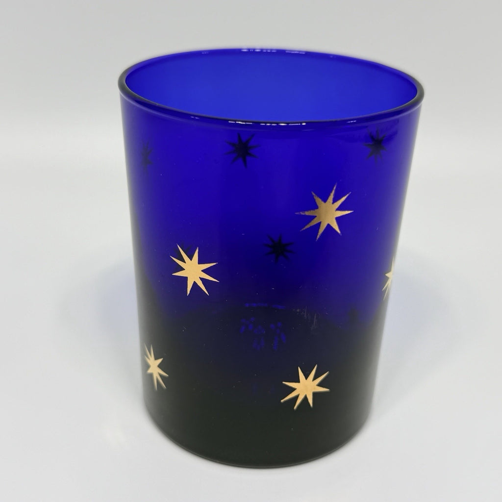 Culver Celestial Atomic Stars Tumbler Rocks Glass Cobalt Blue 22K Gold 4.25"