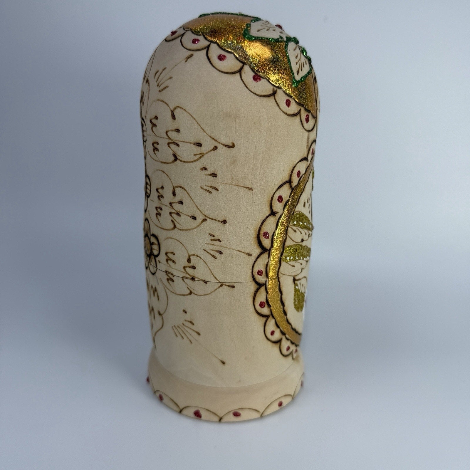 9 Pc Russian Nesting Doll Natural Wood Gold White Flowers Burned Painted 8.5"
