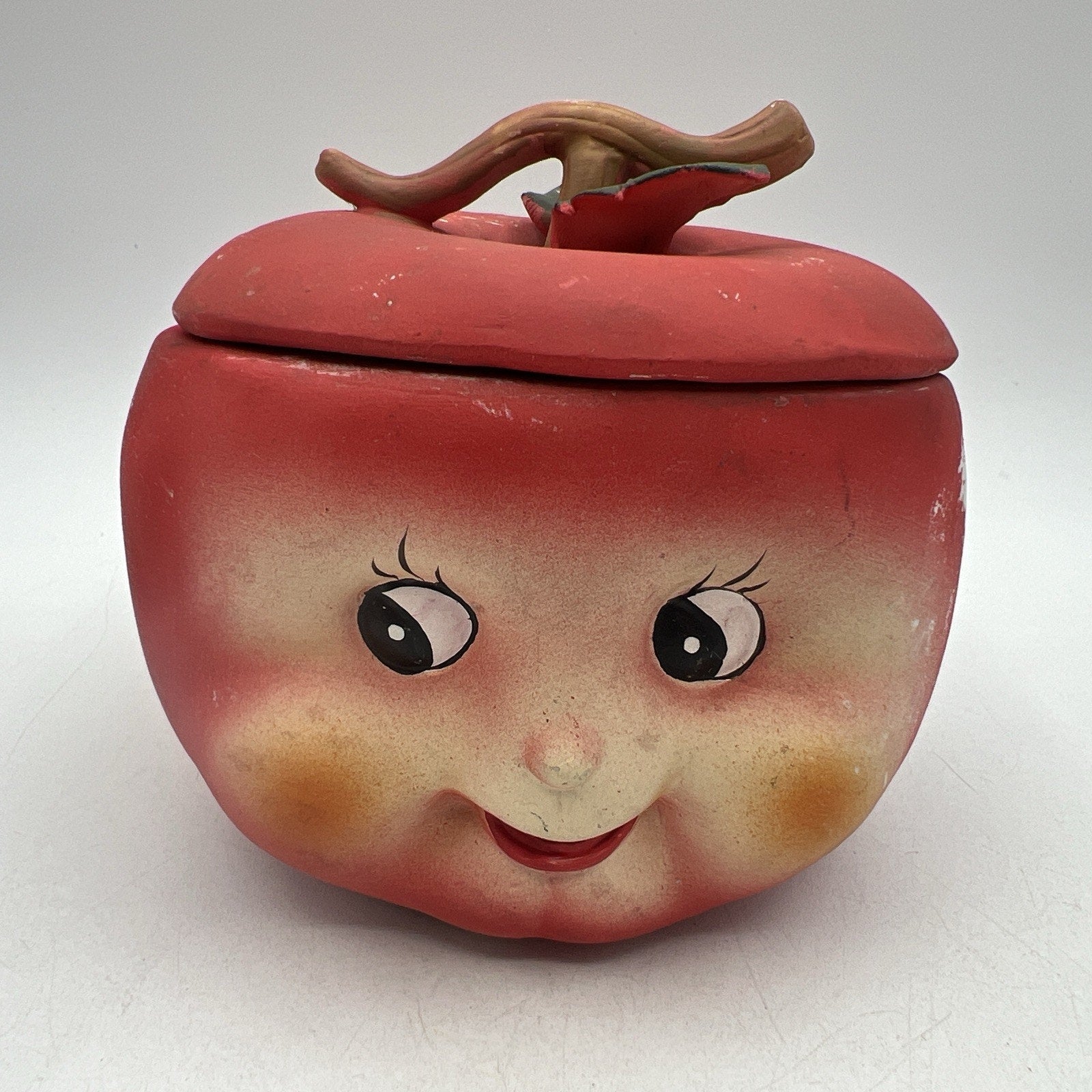 Vintage Anthropomorphic Red Apple Jar Stem Lid Covered Dish Bone China Matte 5"