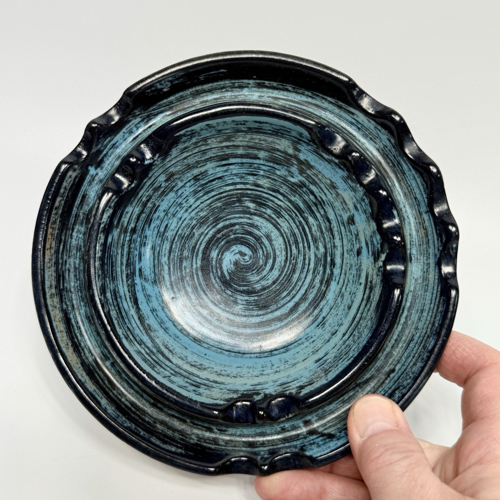 Vtg Stangl Pottery Blue Pompeii Ashtray Striped Navy Turquoise 5232 MCM 6.5" USA
