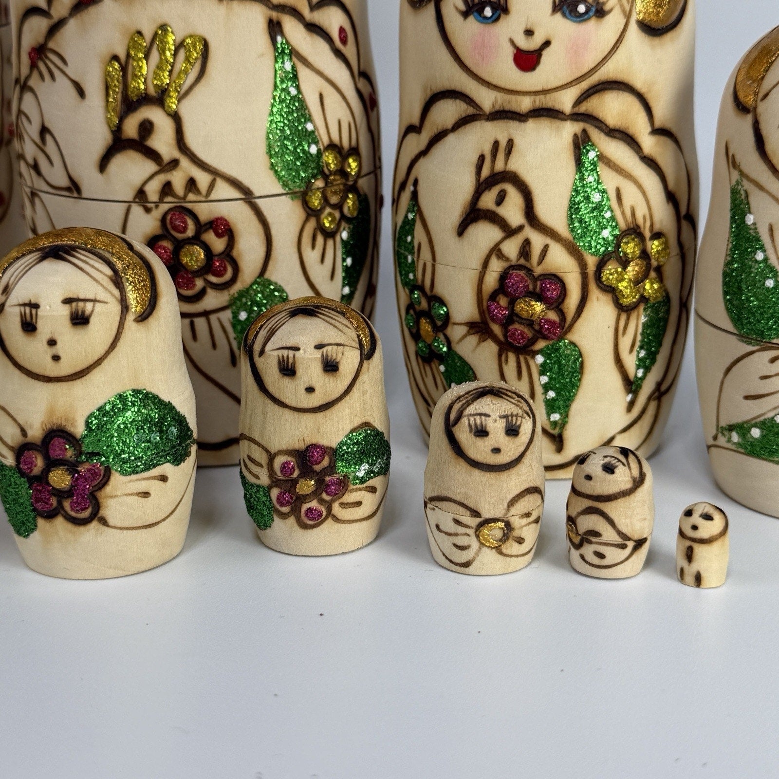 9 Pc Russian Nesting Doll Natural Wood Gold White Flowers Burned Painted 8.5"