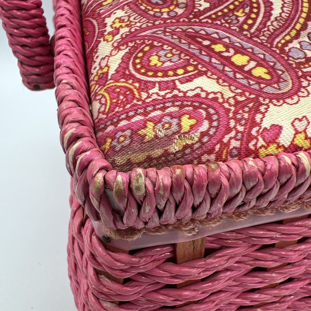 Vintage Pink Wicker Paisley Sewing Basket Japan Handle 7x10" Retro