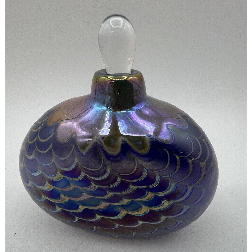 Blown Art Glass IRIDESCENT Perfume Bottle Purple Gold SIGNED 86 Fellerman 4"