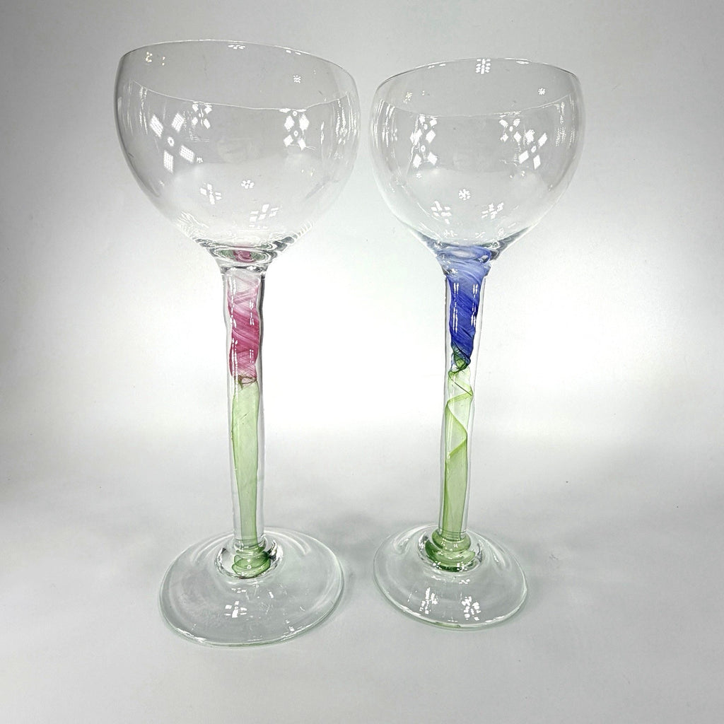 Set 2 Chris Baker Salmon Art Glass Wine Glass Pink Blue Swirl Signed 8.5"